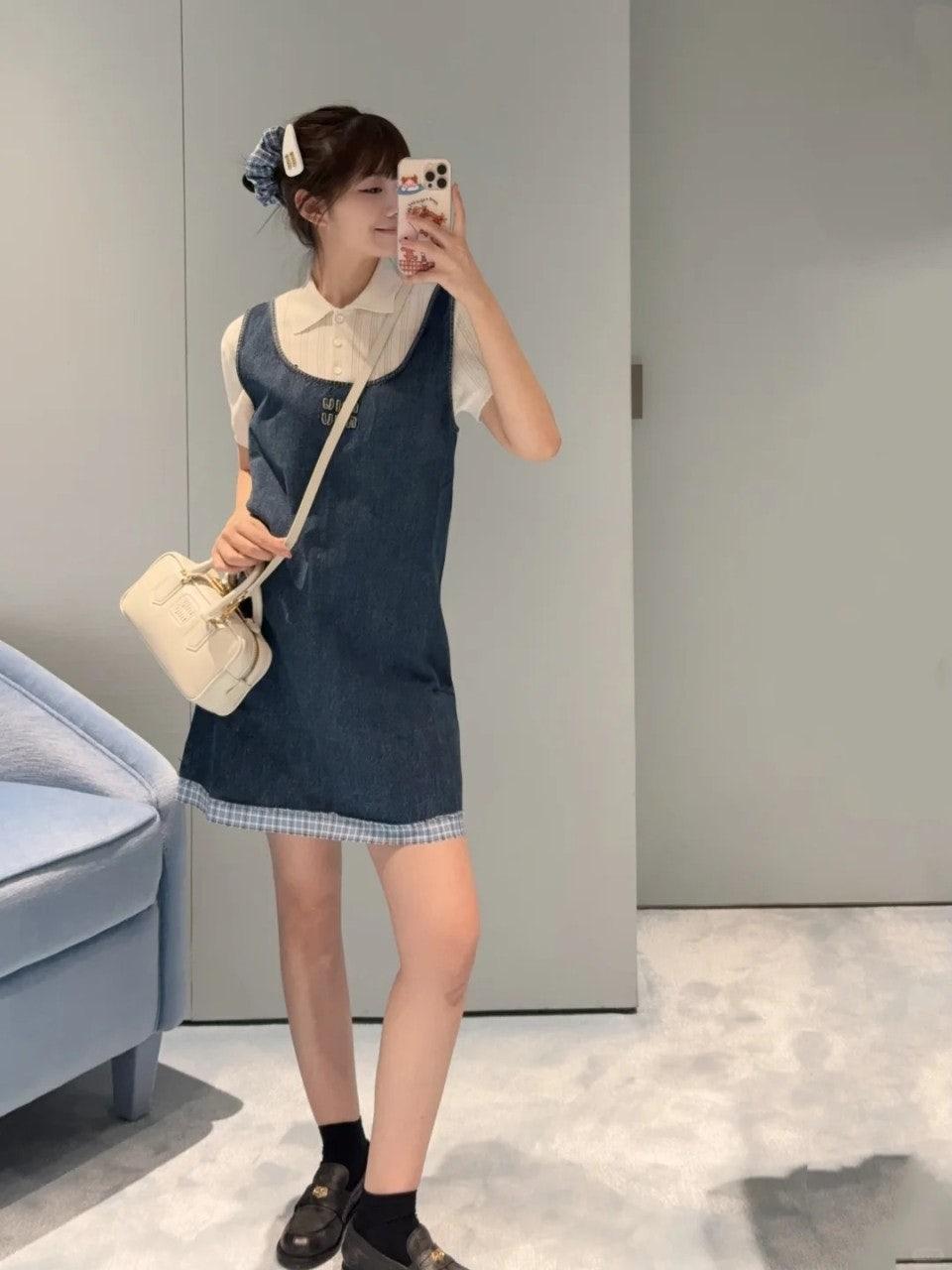 미우미우 MIU 25NEW 플레드 패치워크 데님 드레스 (해외배송)