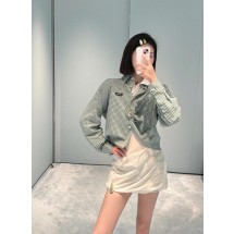 미우미우25Ss 신상품 봄/여름 그린 플레드 라펠 반팔 긴팔 셔츠 (해외배송)
