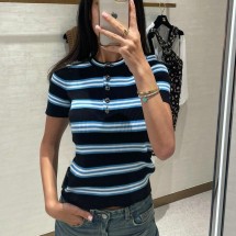 샤넬 라운드넥 버튼 콘트라스트 스트라이프 반팔 (해외배송)