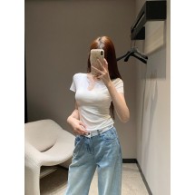 미우미우 25Ss 신상 여름 섹시 V넥 핫 다이아몬드 반팔 티셔츠 (해외배송)