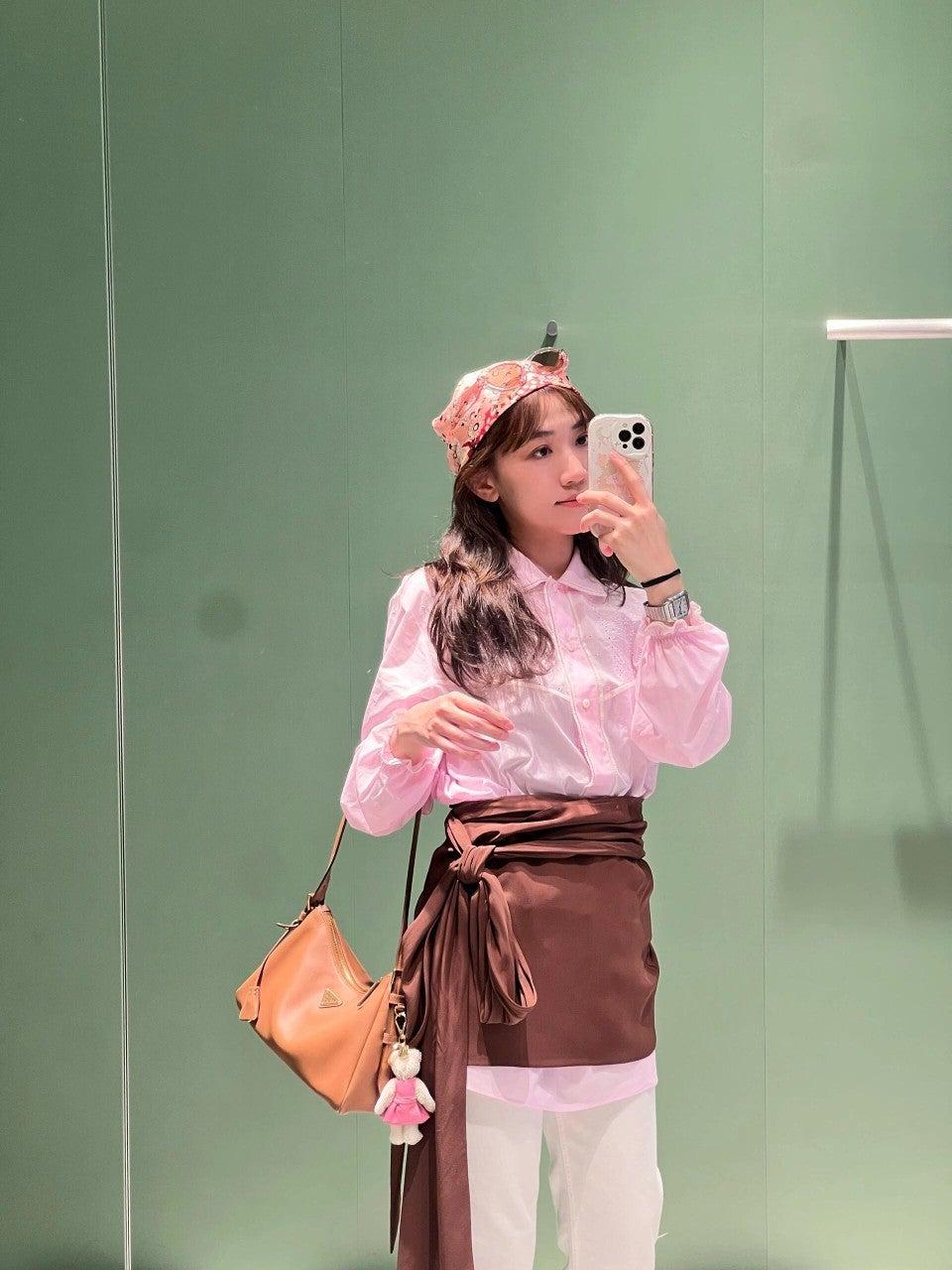 프라다 핑크 홀로우 크로셰 짧은 긴팔 셔츠 (해외배송)