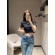 미우미우 라인스톤 비즈 레터 숏 라운드넥 티셔츠 (해외배송)