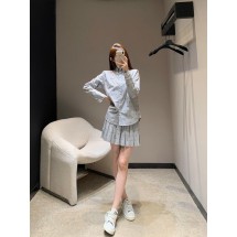 샤넬 스트라이프 로고 자수 롱 셔츠 + 플리츠 스커트  (해외배송)