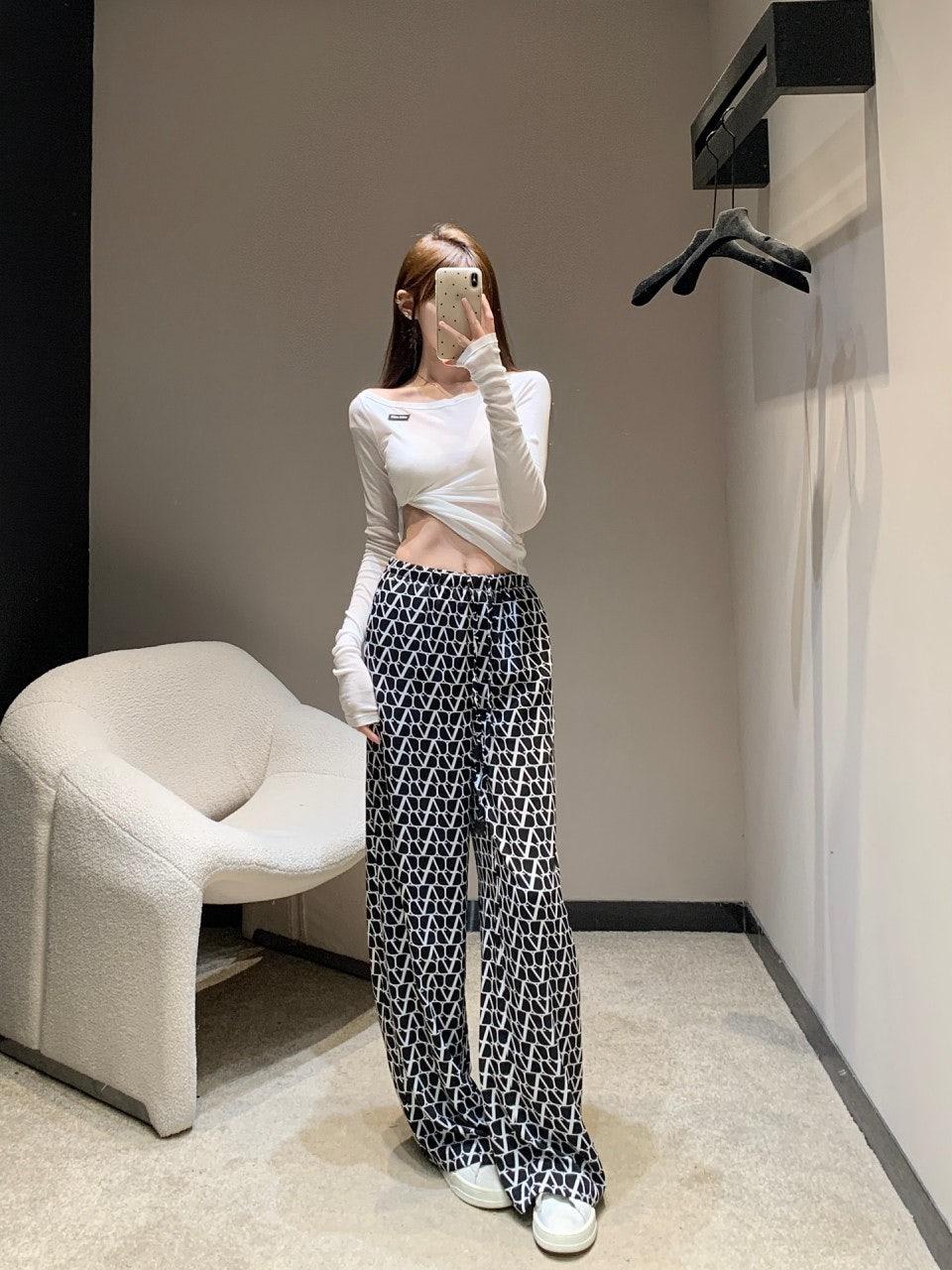 발렌티노 레터 프린트 엘라스틱 허리 와이드 레그 팬츠 (해외배송)