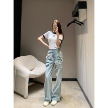 샤넬 프린지 허리밴드 찢어진 스트레이트 진 (해외배송)