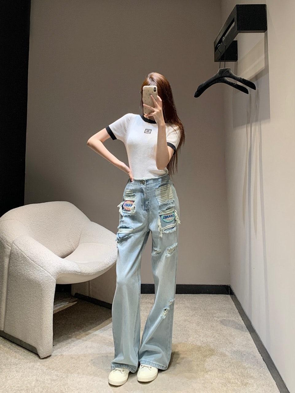 샤넬 프린지 허리밴드 찢어진 스트레이트 진 (해외배송)