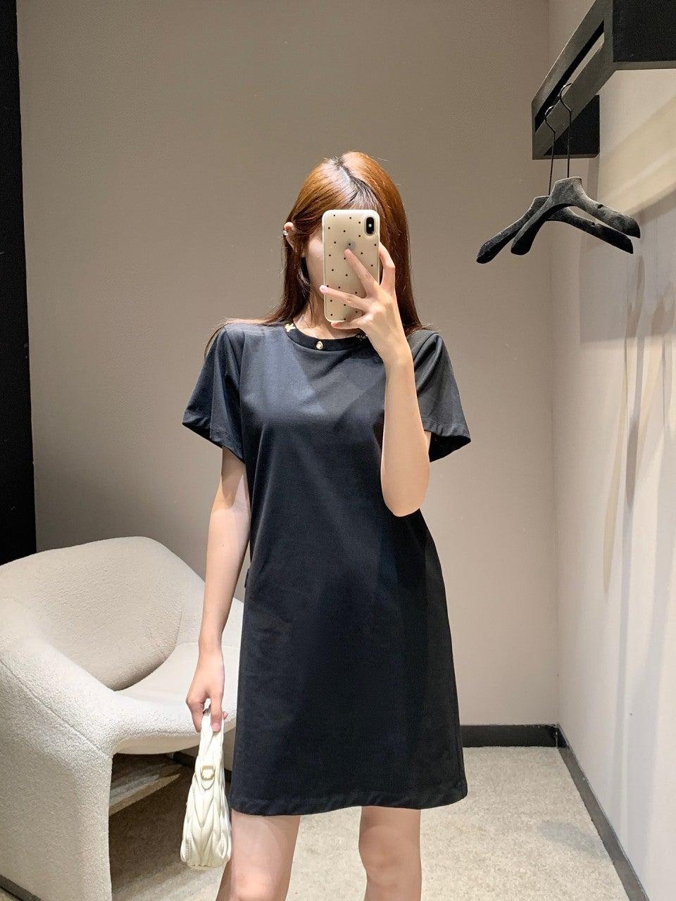 루이비통 레트로 메탈 장식 라운드넥 반팔 원피스 (해외배송)