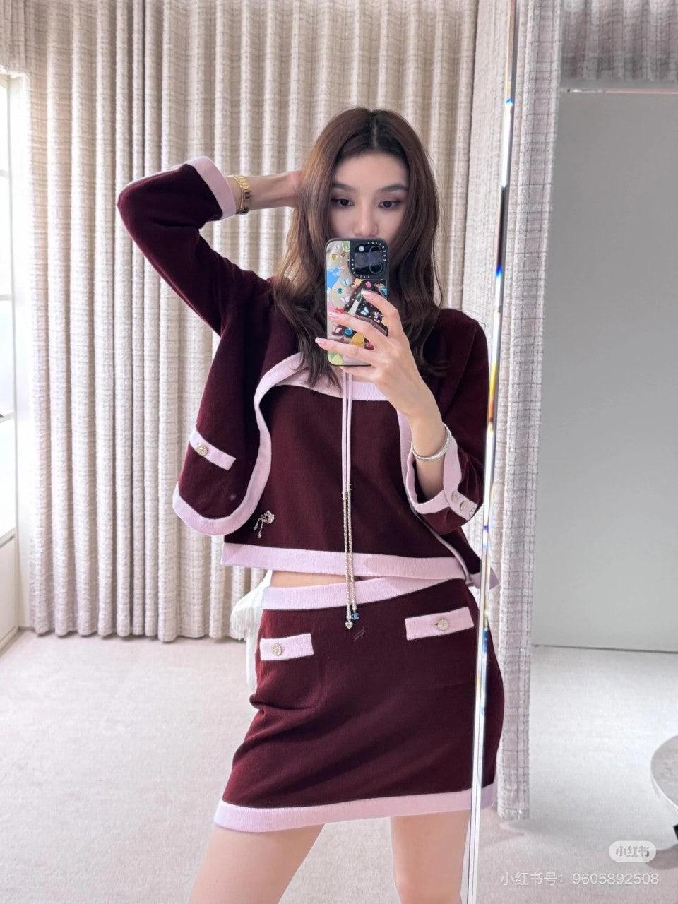 샤넬 25FW 퓨어 울 커스텀 다이드 콘트라스트 컬러 스티칭 드로스트링 쇼트 가디건 (정품급 해외배송)